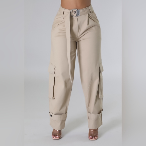 038. Carpenter Khaki High Waisted Wide Leg Trouser - Picture 3 of 4